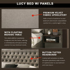 Lucy Queen/King Bed Frame Button Tufted with Side Panels & Floating Side Table in Grey Velvet Fabric