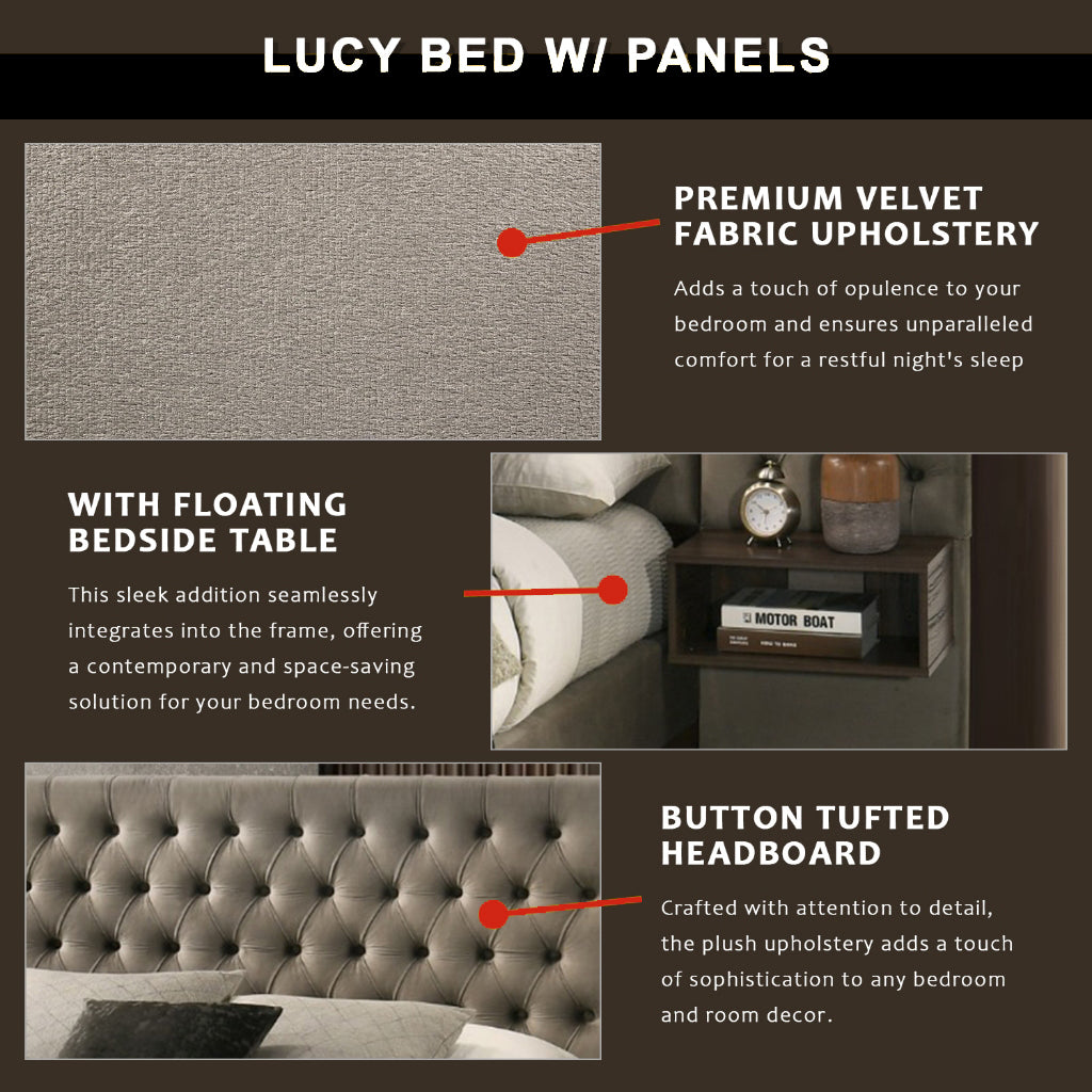 Lucy Queen/King Bed Frame Button Tufted with Side Panels & Floating Side Table in Grey Velvet Fabric