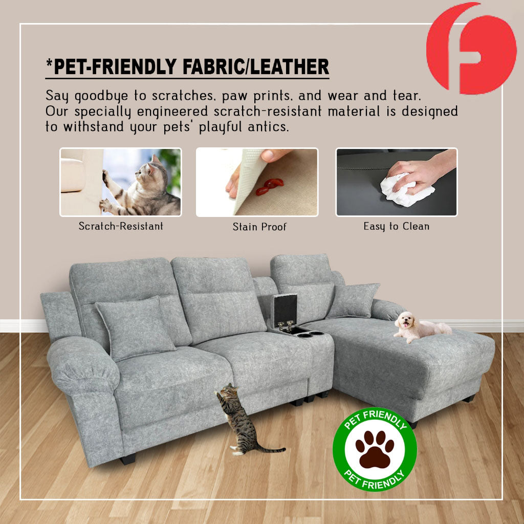 Charles 3-Seater L-Shaped Lounge Sofa with Storage & Cup-Holder - PetFriendly Option