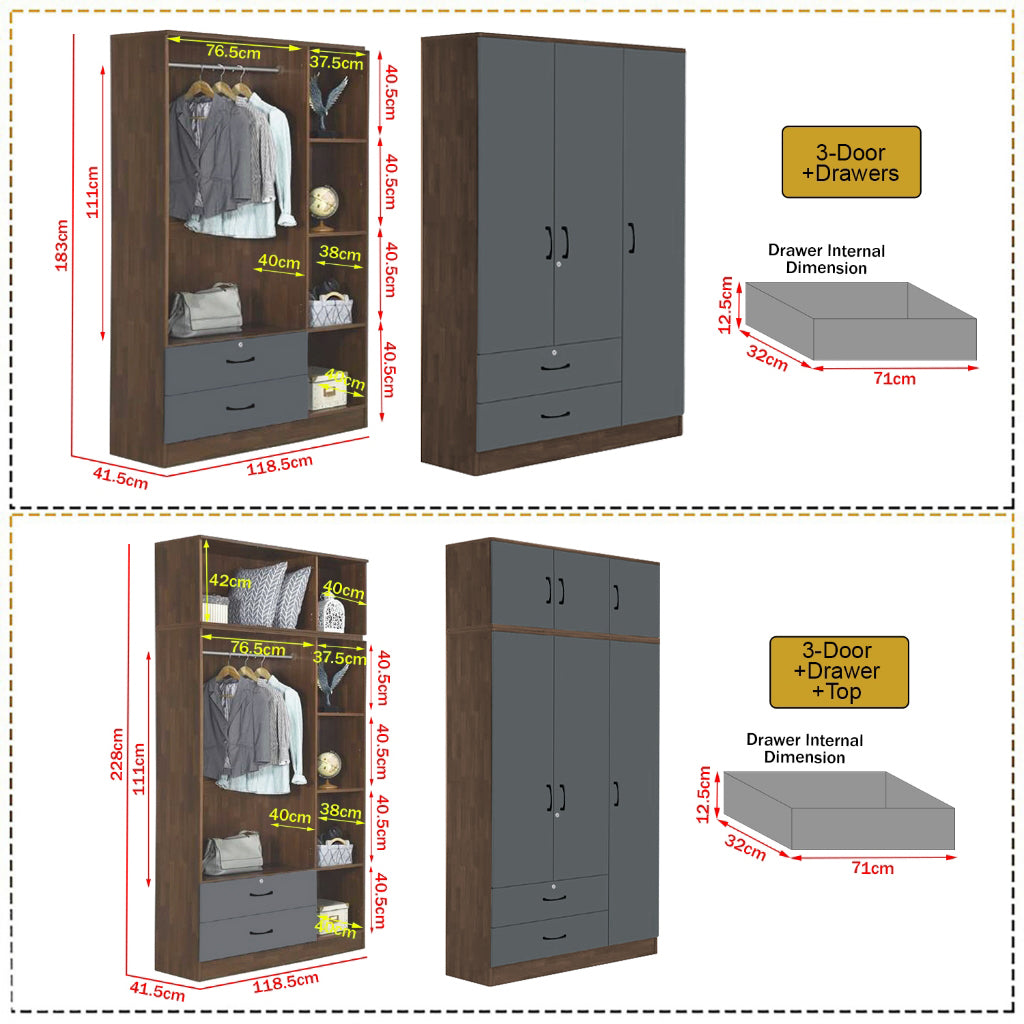 Paris Series 1/2/3/4/5 Doors Tall Wardrobe with Drawers and Top Cabinet in Columbia Grey