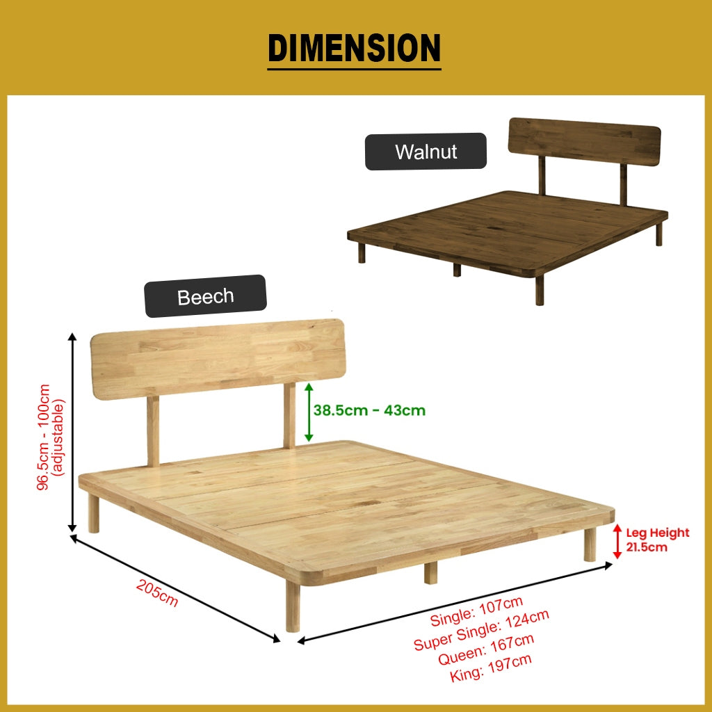 Kimmy Solid Wood Bed Frame Single, Super Single, Queen, King Size - w/ Mattress Option