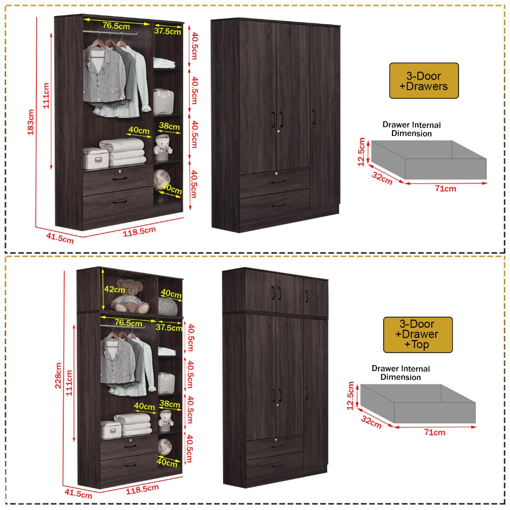 Britain Series 1/2/3/4/5 Doors Tall Wardrobe with Drawers and Top Cabinet in Black Walnut