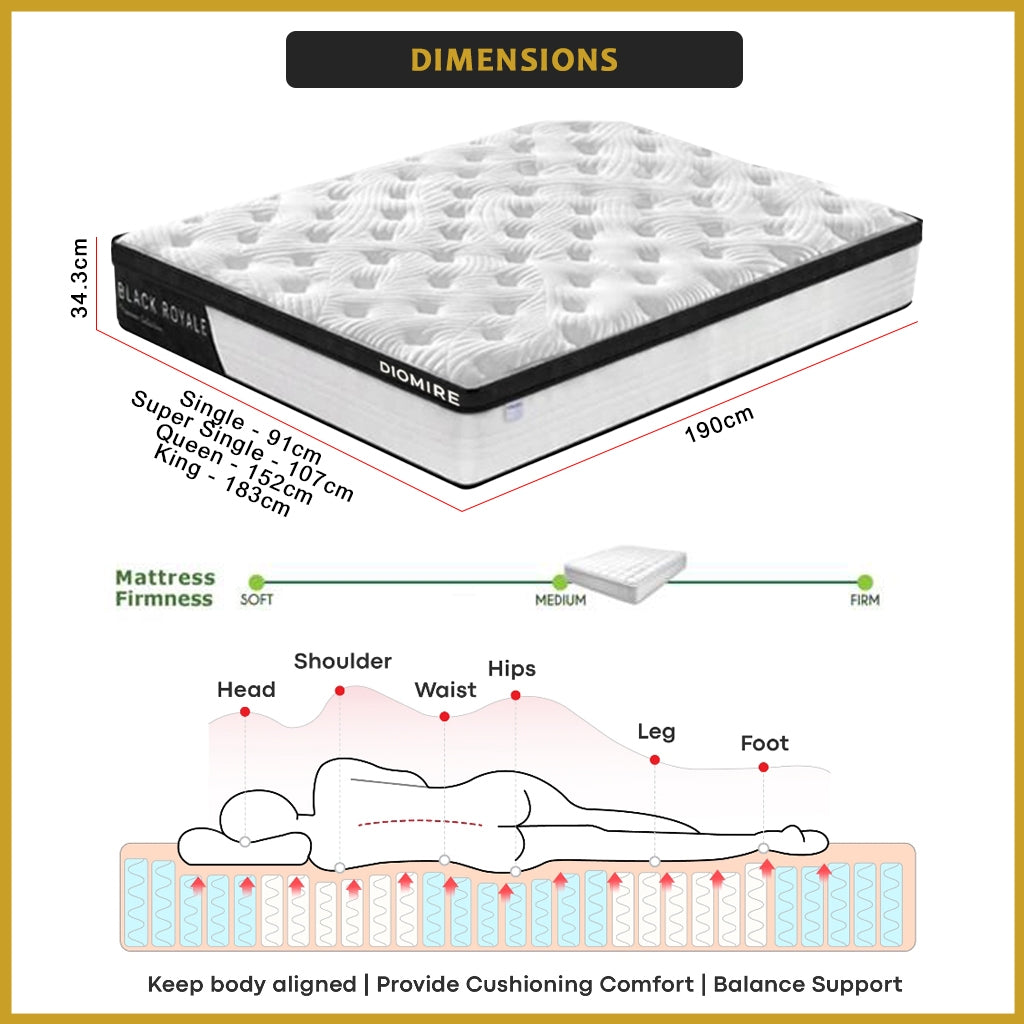 Diomire 13.5" Black Royale Mattress Pocketed Spring Mattress High Density - All Size