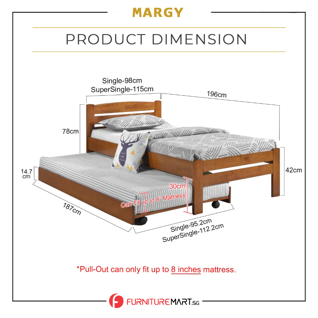 Margy Single Size Solid Rubberwood Bed Frame Flat Plywood Base with Pull-out Bed w/ Mattress Option