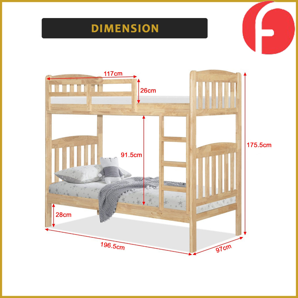 Lincy Single  Bunk Bed Double Decker Bed Frame Solid Rubberwood