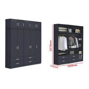 Panama Series 5 Door Tall Wardrobe with 4 Drawers and Top Cabinet in Dark Grey Colour