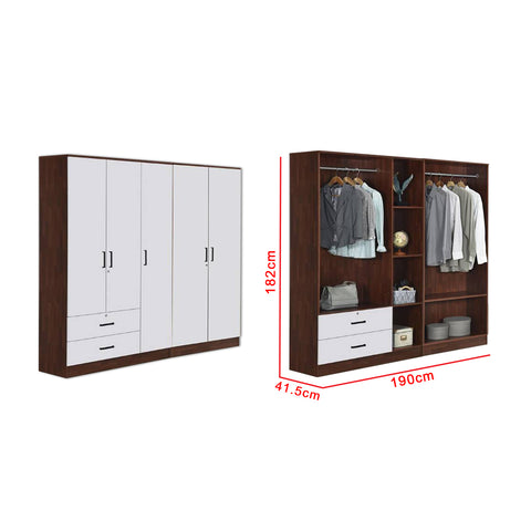 Image of Berlin Series 5 Door with 2 Drawers Soft Closing Wardrobe in Cherry Oak + White Colour