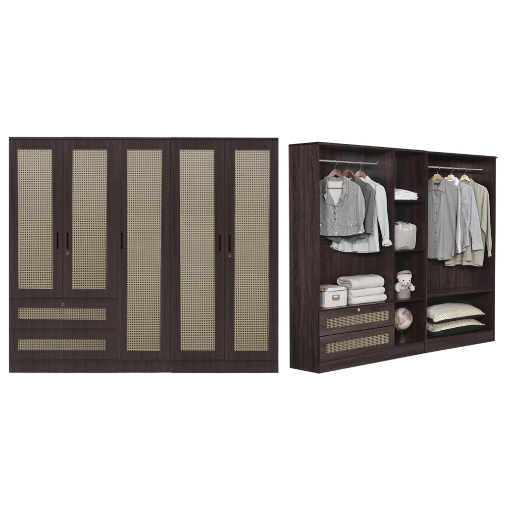CROATIA Series 1/2/3/4/5 Doors Wardrobe Rattan Design with Drawers and Top Cabinet