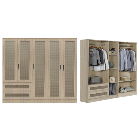 Image of CROATIA Series 1/2/3/4/5 Doors Wardrobe Rattan Design with Drawers and Top Cabinet