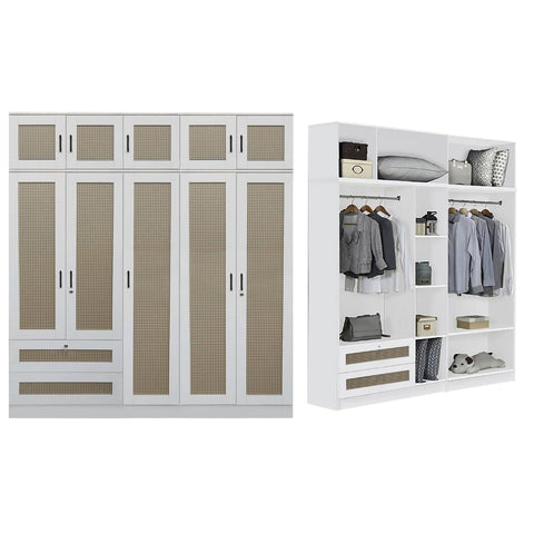 Image of CROATIA Series 1/2/3/4/5 Doors Wardrobe Rattan Design with Drawers and Top Cabinet
