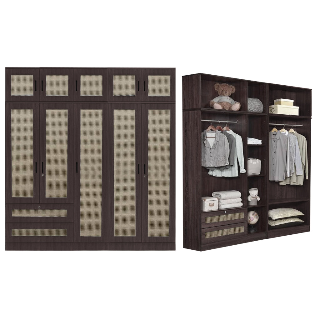 CROATIA Series 1/2/3/4/5 Doors Wardrobe Rattan Design with Drawers and Top Cabinet