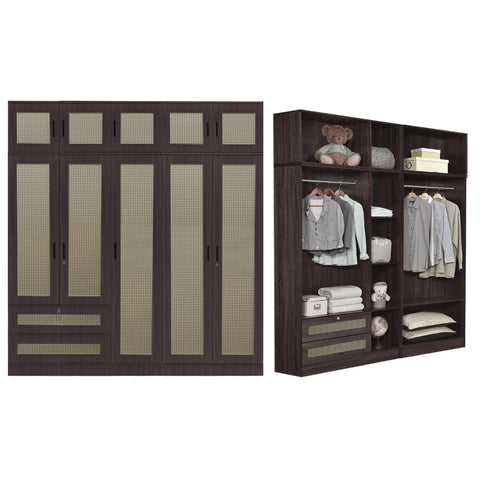 Image of CROATIA Series 1/2/3/4/5 Doors Wardrobe Rattan Design with Drawers and Top Cabinet