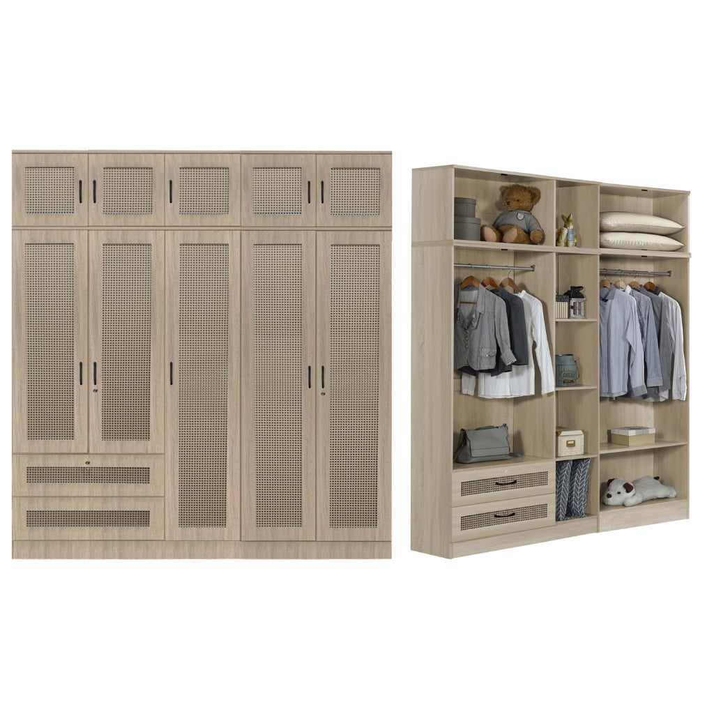 CROATIA Series 1/2/3/4/5 Doors Wardrobe Rattan Design with Drawers and Top Cabinet