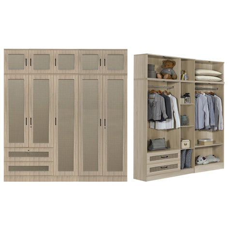 Image of CROATIA Series 1/2/3/4/5 Doors Wardrobe Rattan Design with Drawers and Top Cabinet