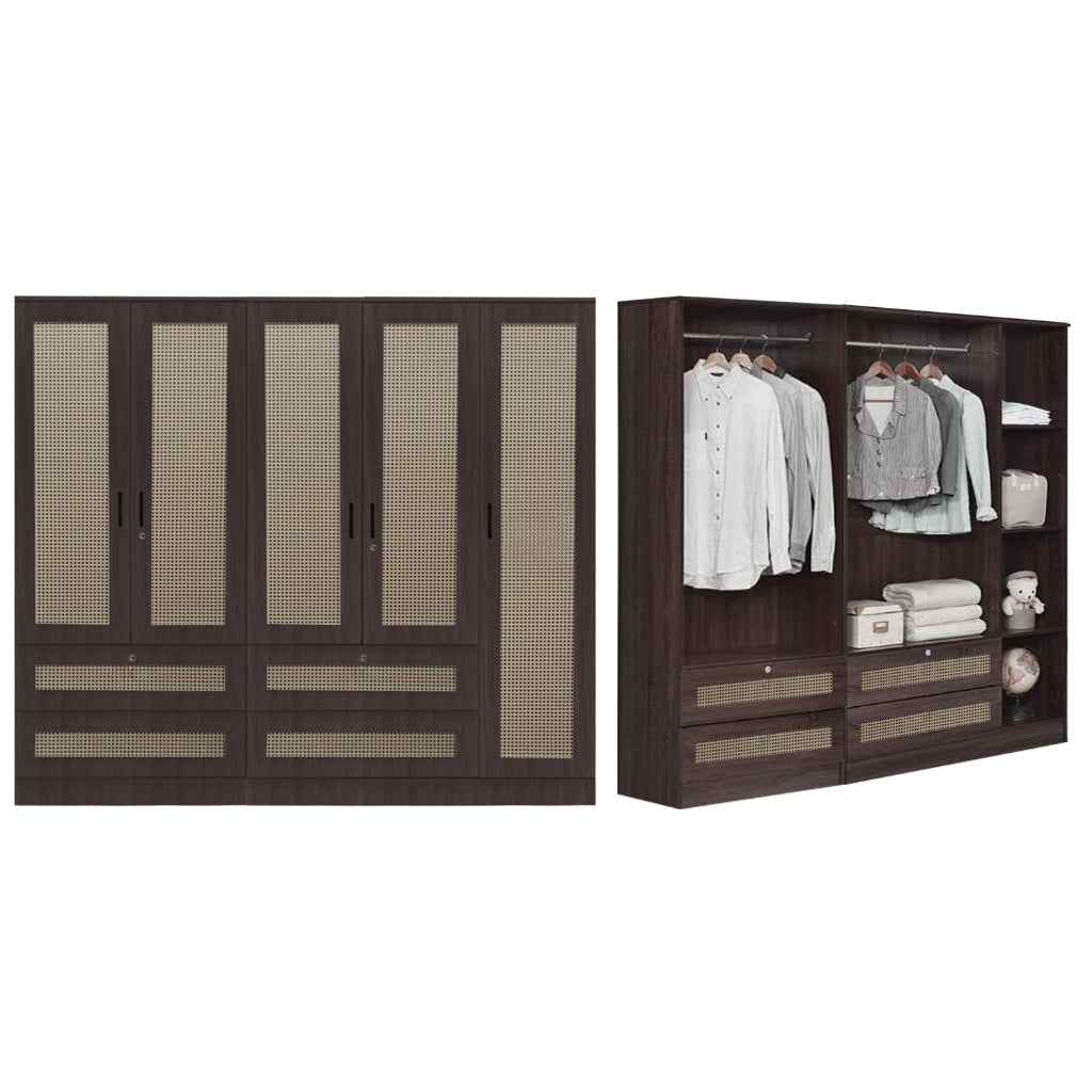 CROATIA Series 1/2/3/4/5 Doors Wardrobe Rattan Design with Drawers and Top Cabinet