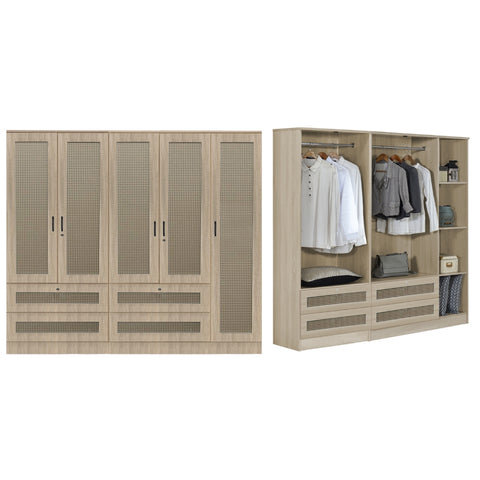 Image of CROATIA Series 1/2/3/4/5 Doors Wardrobe Rattan Design with Drawers and Top Cabinet