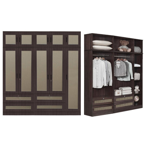 Image of CROATIA Series 1/2/3/4/5 Doors Wardrobe Rattan Design with Drawers and Top Cabinet