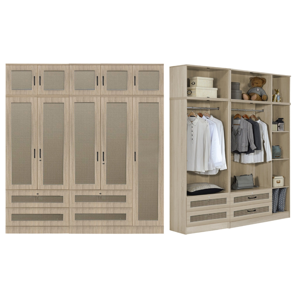 CROATIA Series 1/2/3/4/5 Doors Wardrobe Rattan Design with Drawers and Top Cabinet
