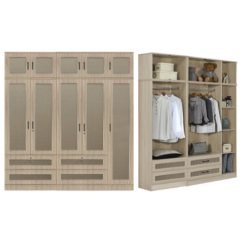 Image of CROATIA Series 1/2/3/4/5 Doors Wardrobe Rattan Design with Drawers and Top Cabinet