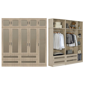 CROATIA Series 1/2/3/4/5 Doors Wardrobe Rattan Design with Drawers and Top Cabinet