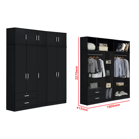 Image of Albania Series 5 Door Tall Wardrobe with 2 Drawers and Top Cabinet in Black Colour