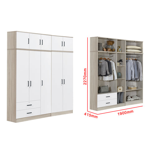 Image of Poland Series 5 Door Tall Wardrobe with 2 Drawers and Top Cabinet in Natural & White Colour