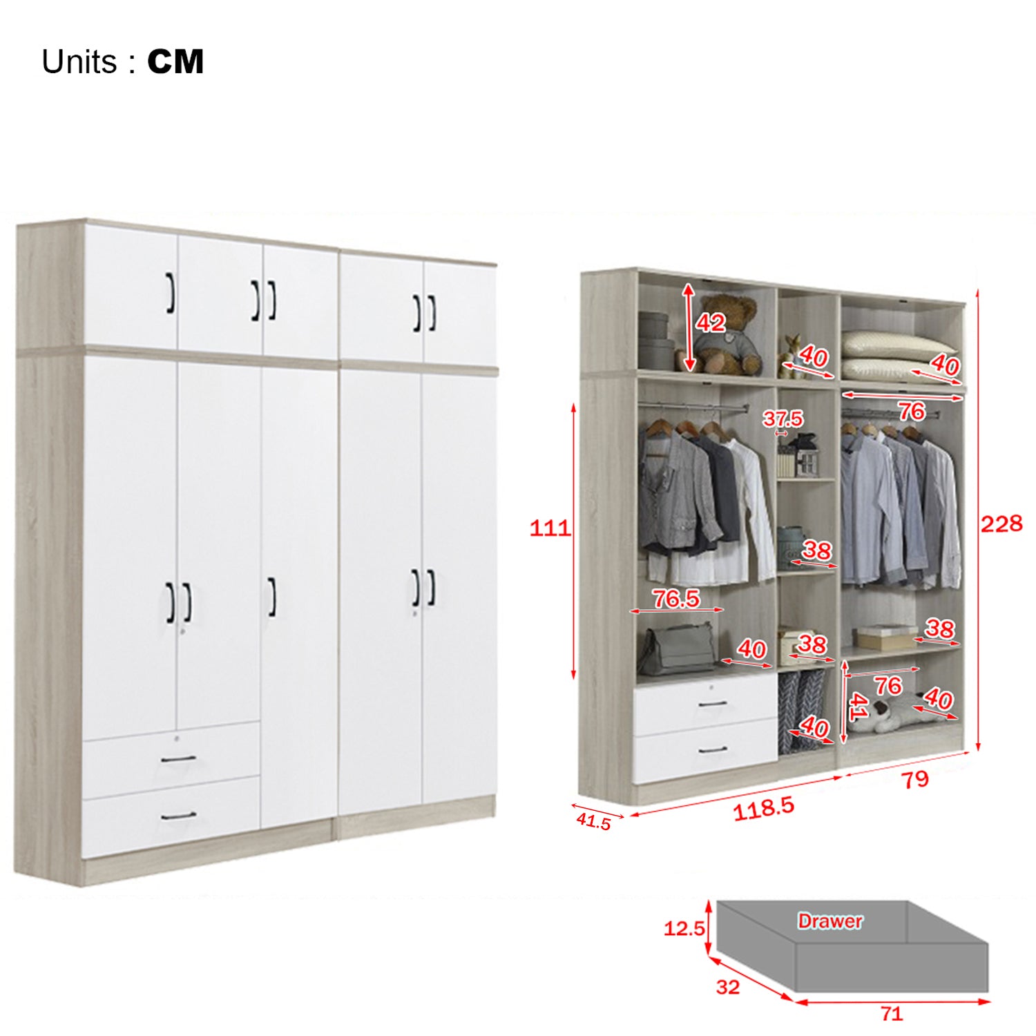 Poland Series 5 Door Tall Wardrobe with 2 Drawers and Top Cabinet
