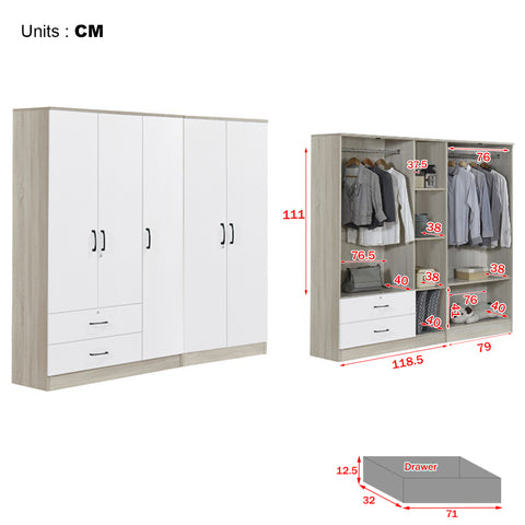 Image of Poland Series 5 Door Wardrobe with 2 Drawers in Ivory & White Colour