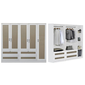 CROATIA Series 1/2/3/4/5 Doors Wardrobe Rattan Design with Drawers and Top Cabinet