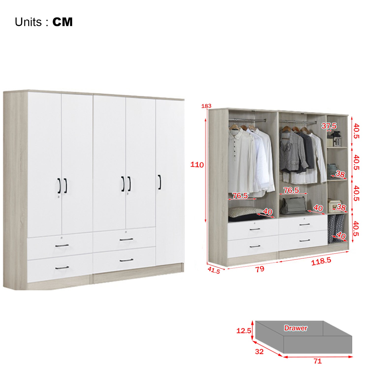 Poland Series 5 Door Wardrobe with 4 Drawers in Ivory & White Colour