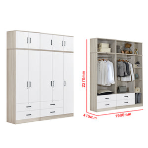 Poland Series 5 Door Tall Wardrobe with 4 Drawers and Top Cabinet in Natural & White Colour