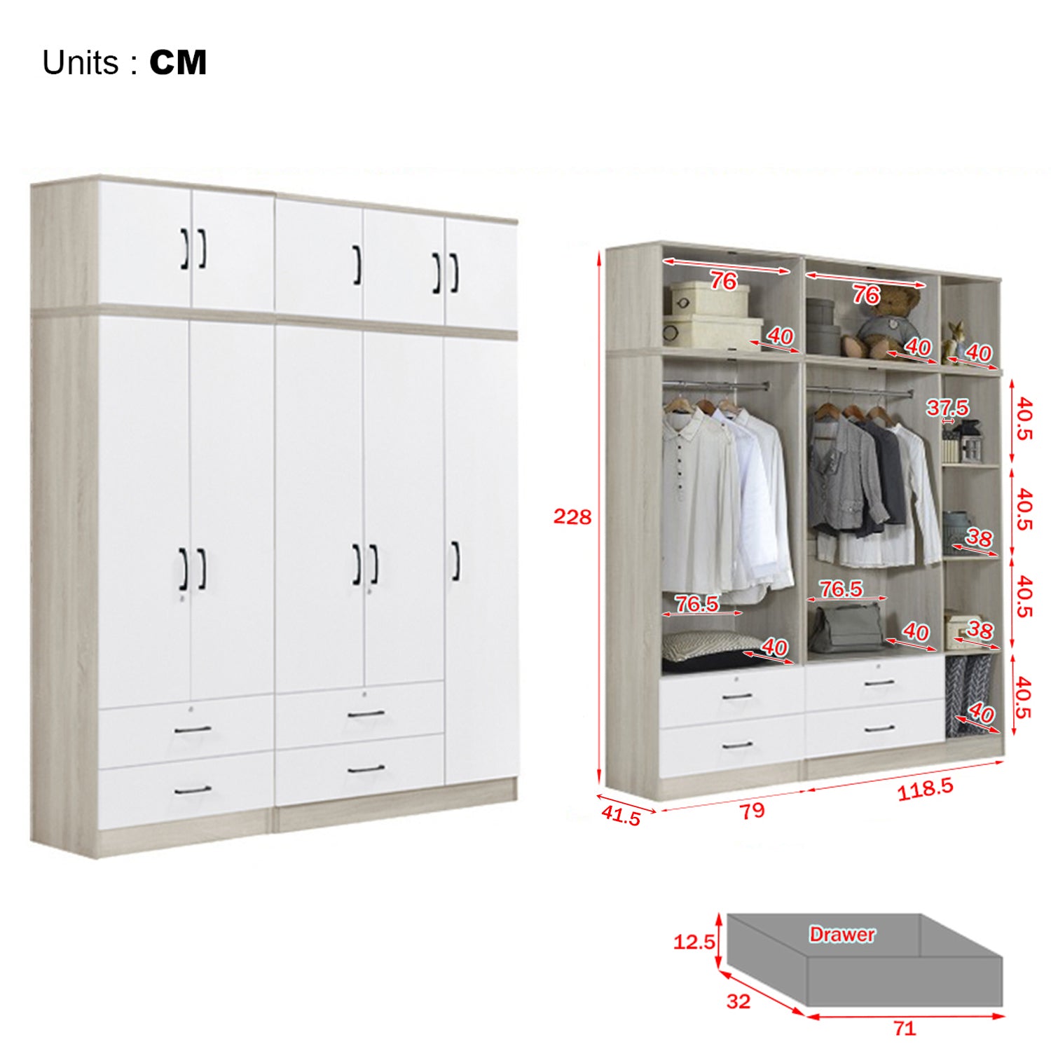 Poland Series 5 Door Tall Wardrobe with 4 Drawers and Top Cabinet in Ivory & White Colour