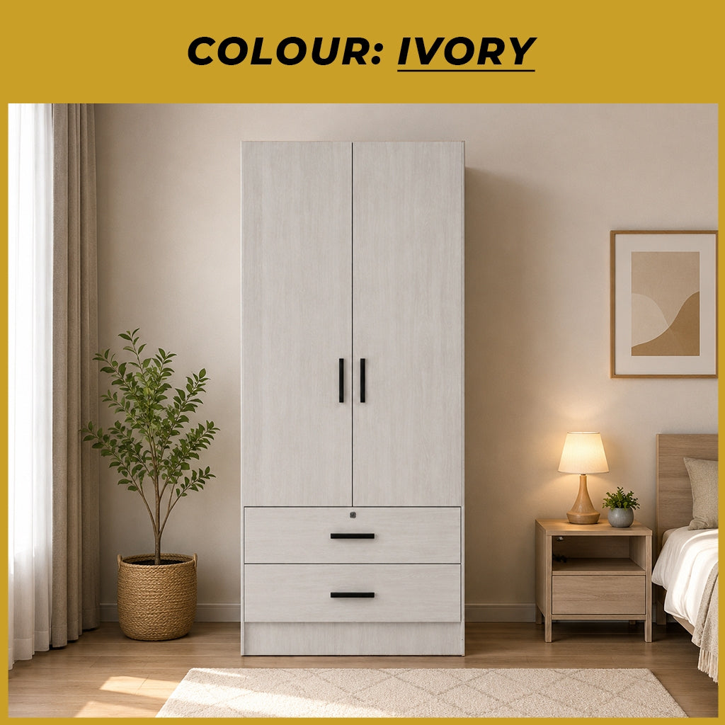 KENNA 2 Open Door CARB-P2 Certified Board Wardrobe With 2 Drawers - Free Installation