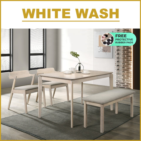 Image of Raco 4/6 Seater Nordic Dining Set w/ Table, Chair & Bench Solid Rubber Wood in 3 Colours
