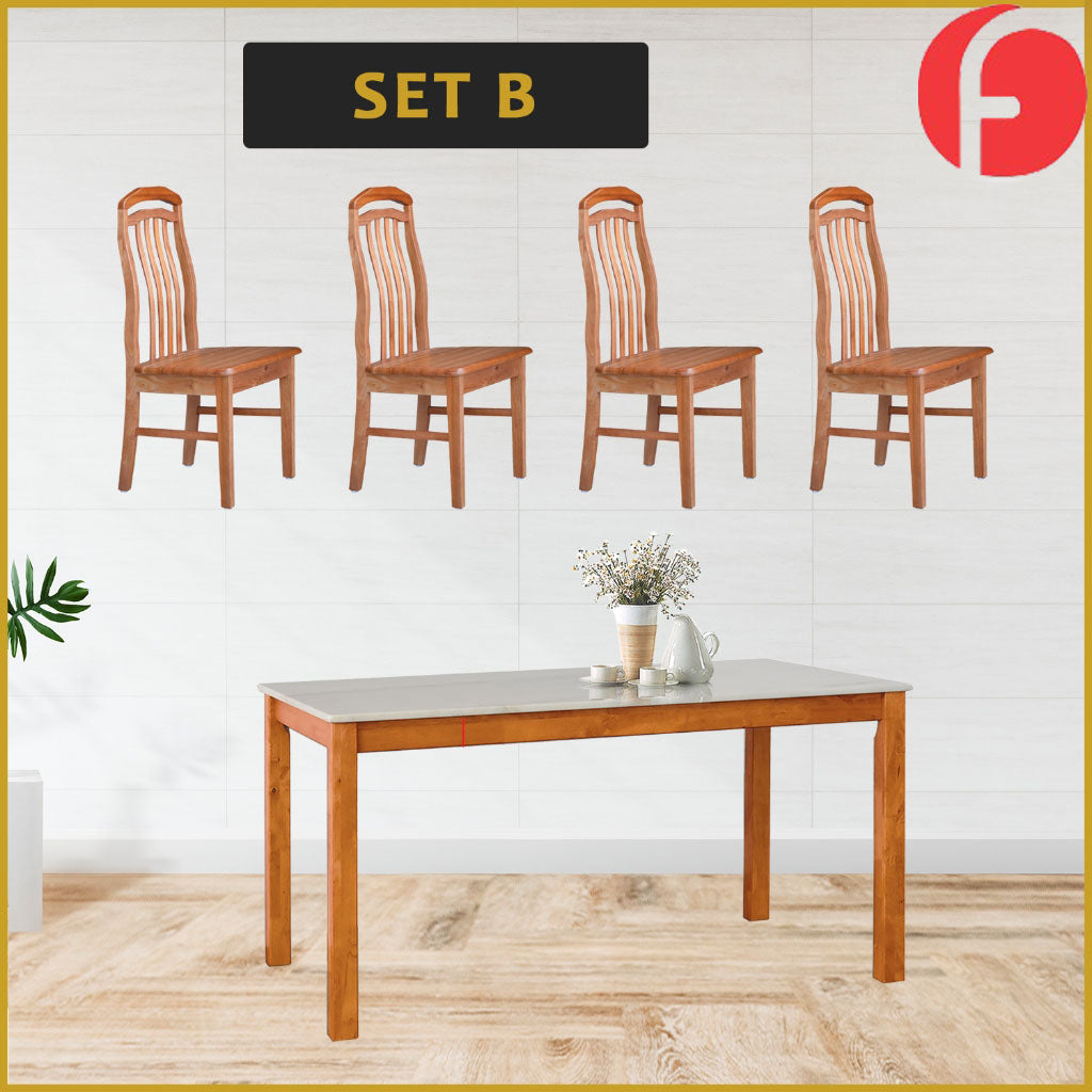 Jaime Dining Set w/ Table and Chairs 1+4 in Solid Wood Natural Marble Top Cherry/Walnut