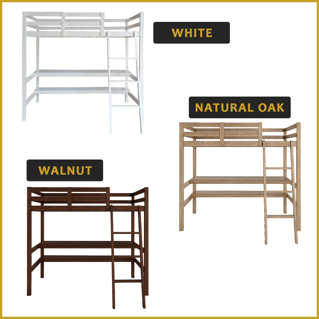 Lamer Single Loft Bed Solid Rubberwood Sturdy Durable in 3 Colours - w/ Mattress