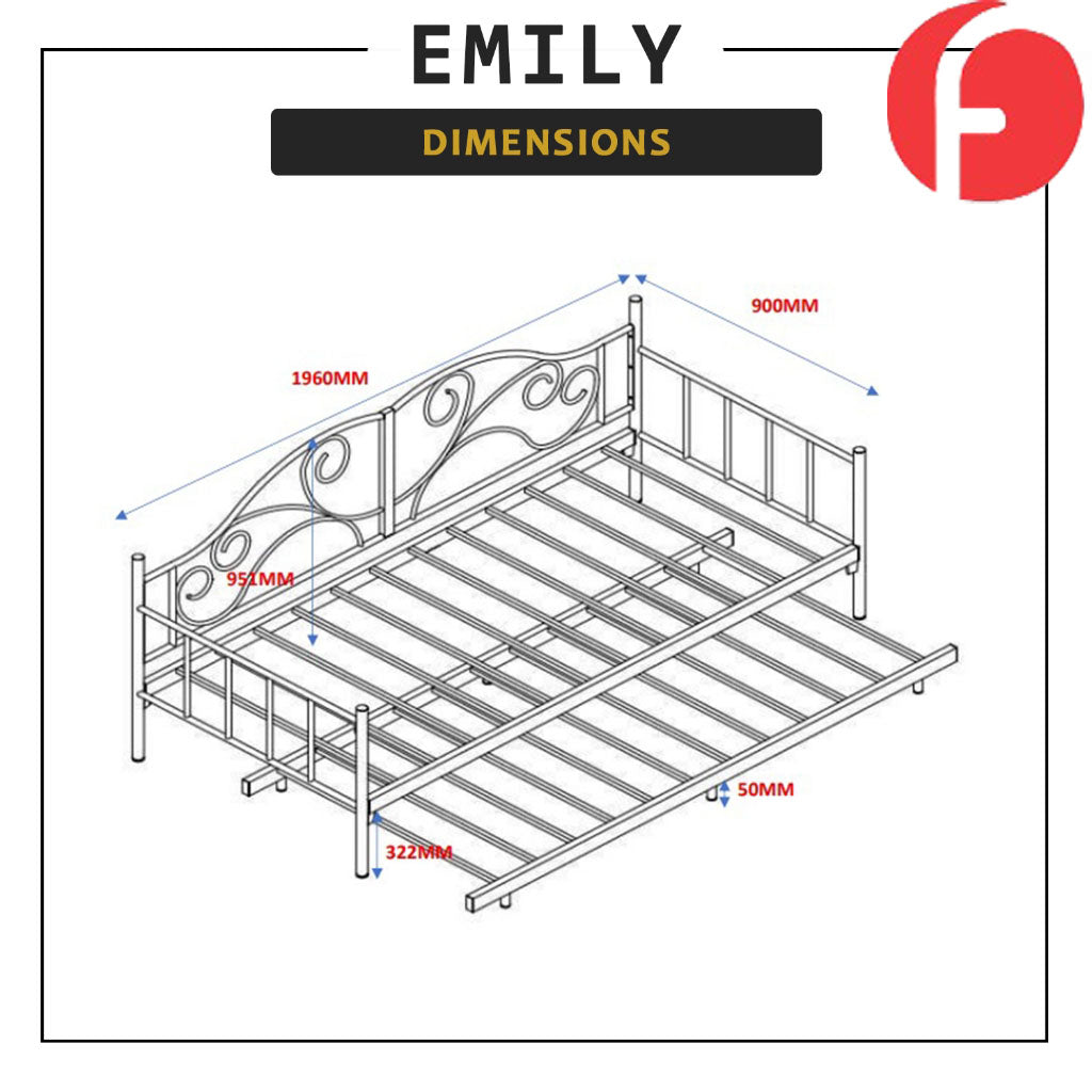 Emily Metal Daybed Bed Frame Single with Pull-Out in Black/White Colour w/ Mattress