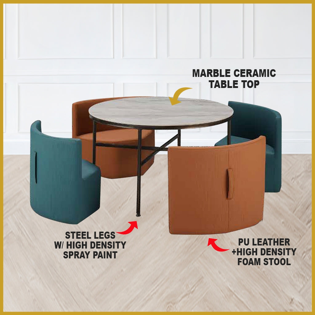 Lenny Coffee Center Table with 4 pcs Stool Steel metal + Ceramic Table Top