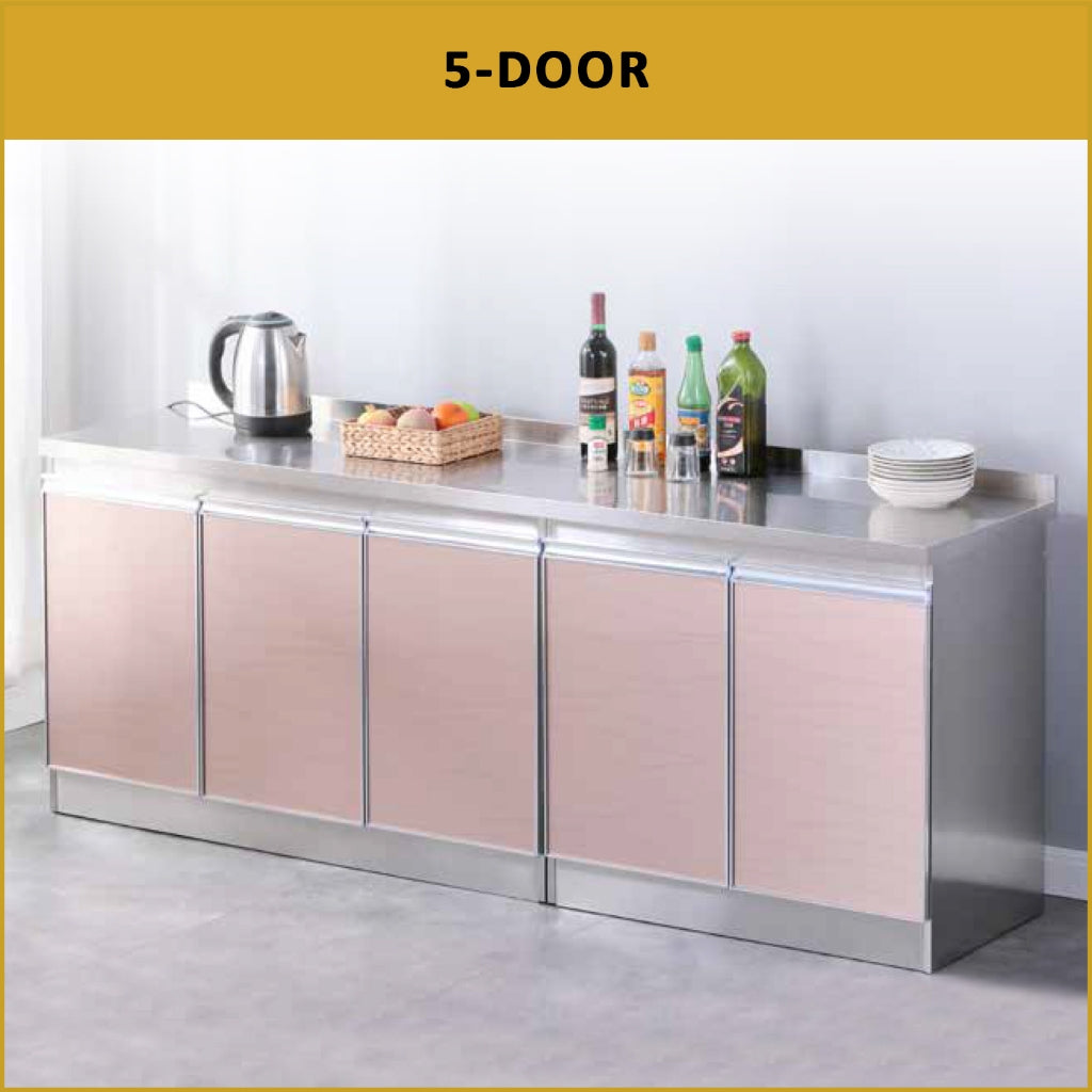 Greta Stainless Steel Top Kitchen Cabinet with Tempered Glass 5-Doors