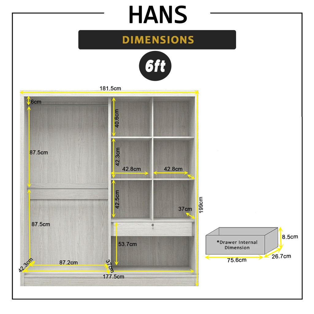 Hans Series 4FT/5FT/6FT 2-Door Sliding Door Wardrobe in White Wash or Black