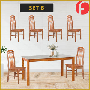Kamila Dining Set with Table & Chairs 1+6 in Solid Wood Natural Marble Top Cherry/Walnut