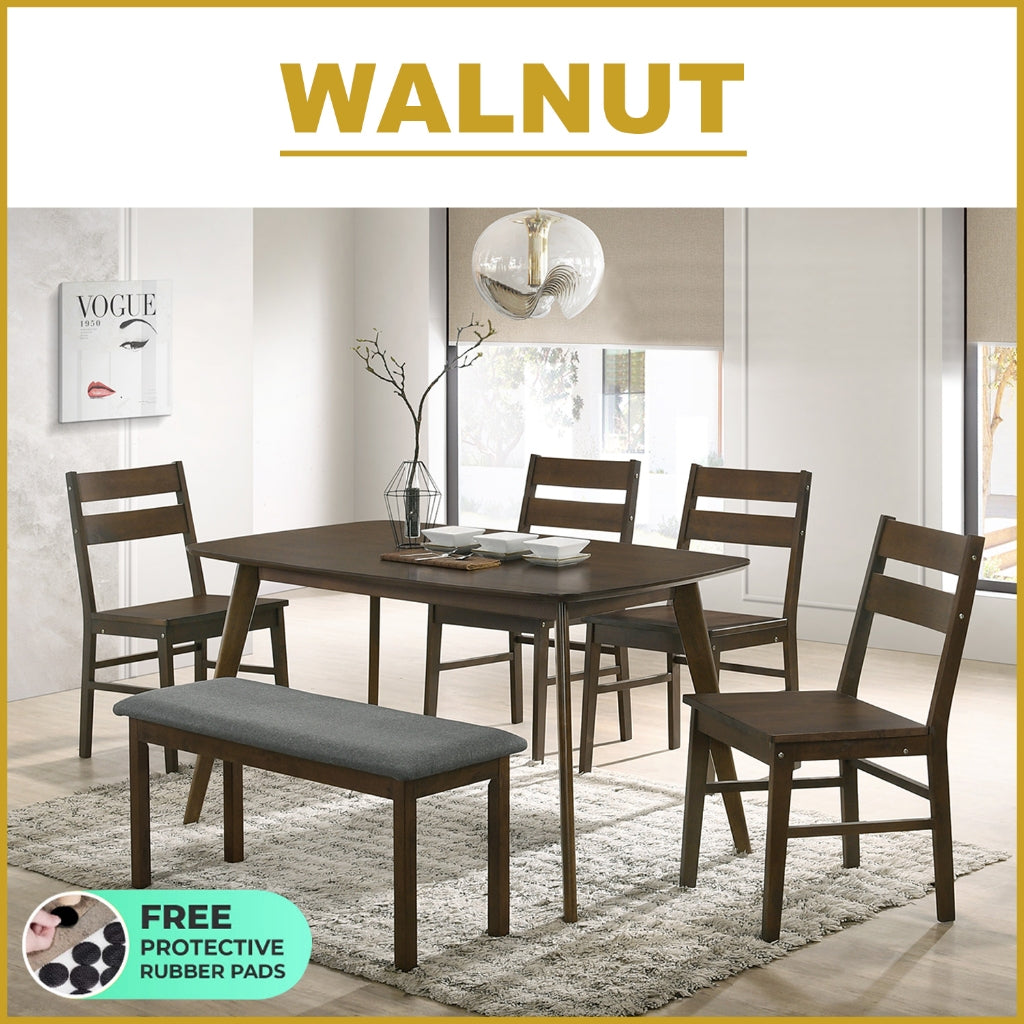 Jorgan 4/6 Seater Dining Set w/ Table, Chair & Bench Solid Rubber Wood in Walnut Colour