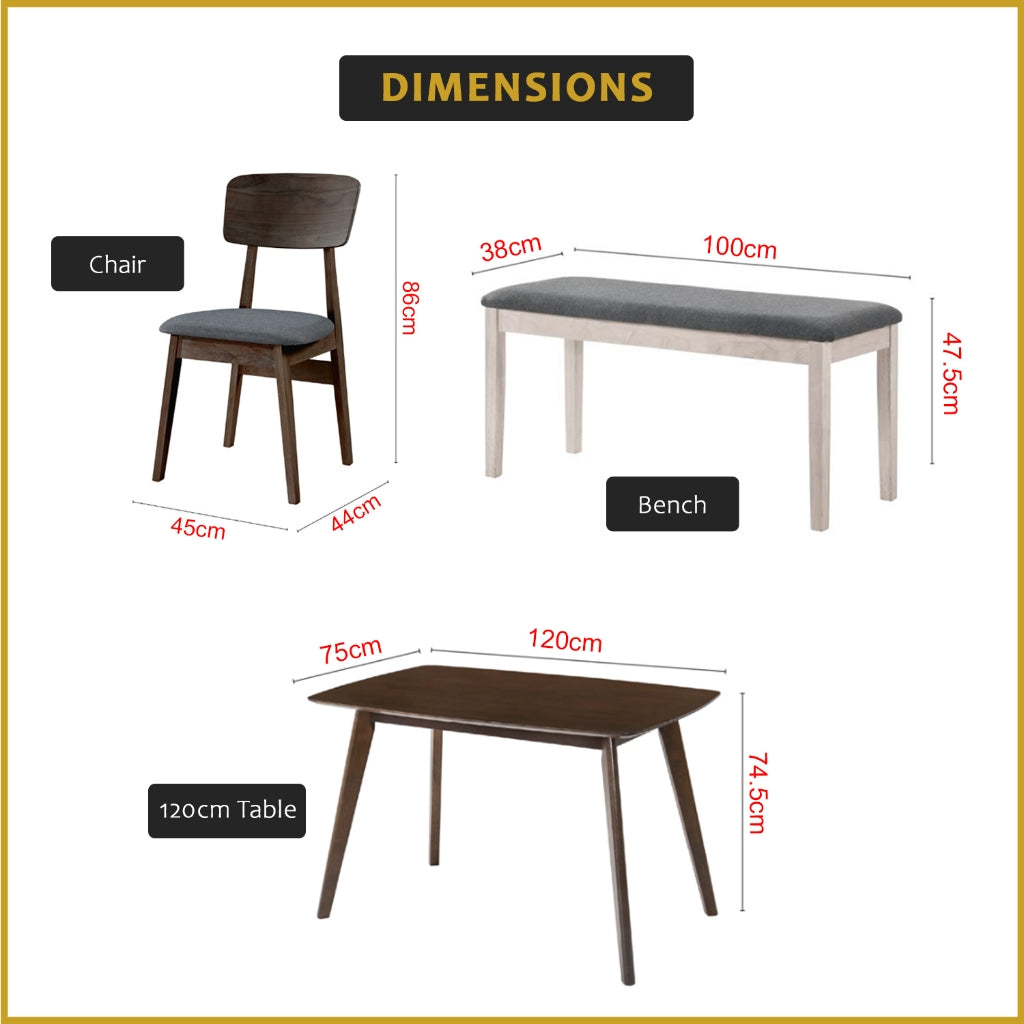 Zono Nordic Dining Set w/ Table, Chair & Bench Solid Rubber Wood in 2 Colours