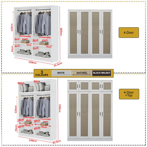 Image of CROATIA Series 1/2/3/4/5 Doors Wardrobe Rattan Design with Drawers and Top Cabinet