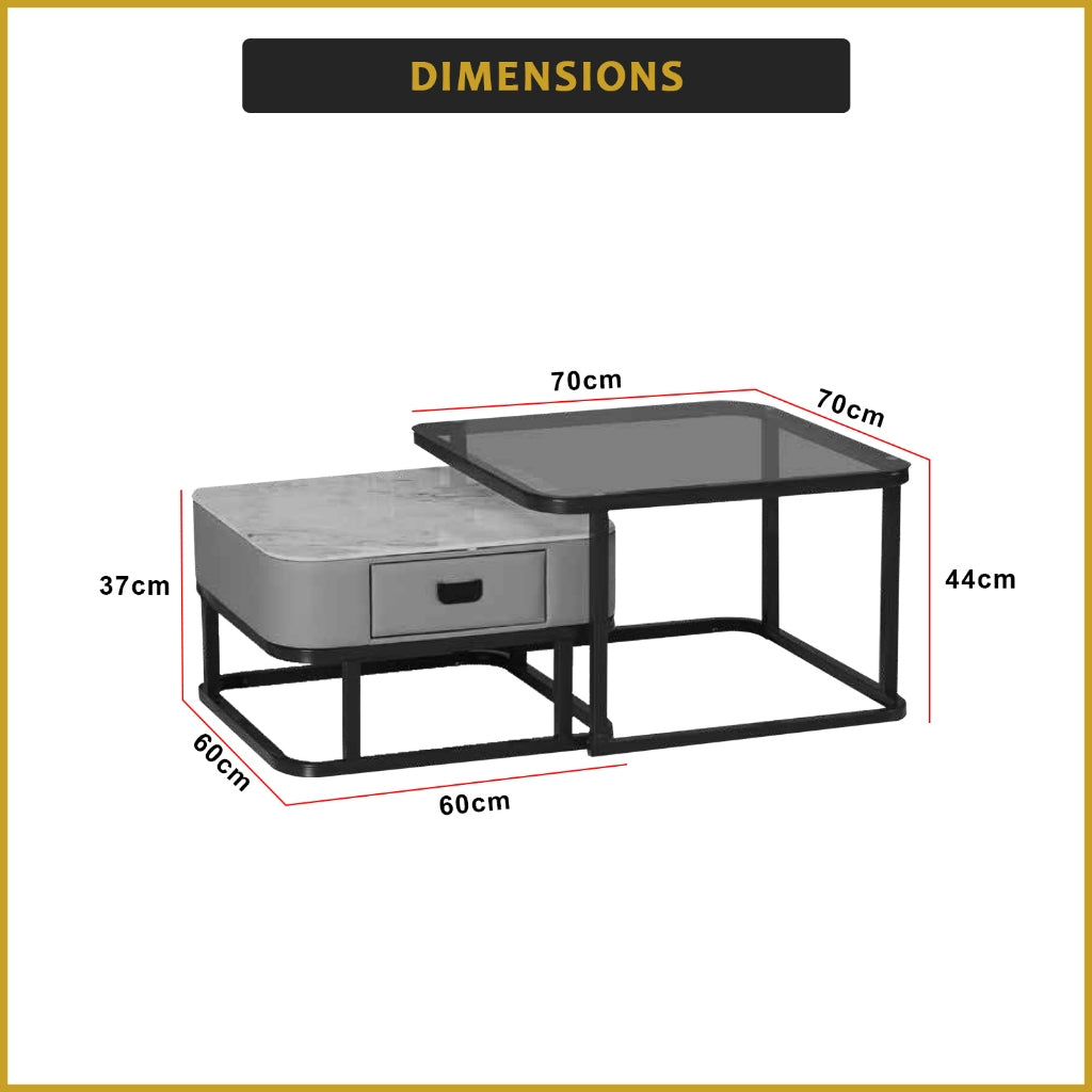 Henni 2-Piece Coffee Table with Drawer - Tempered Glass Top + Marble Ceramic Top