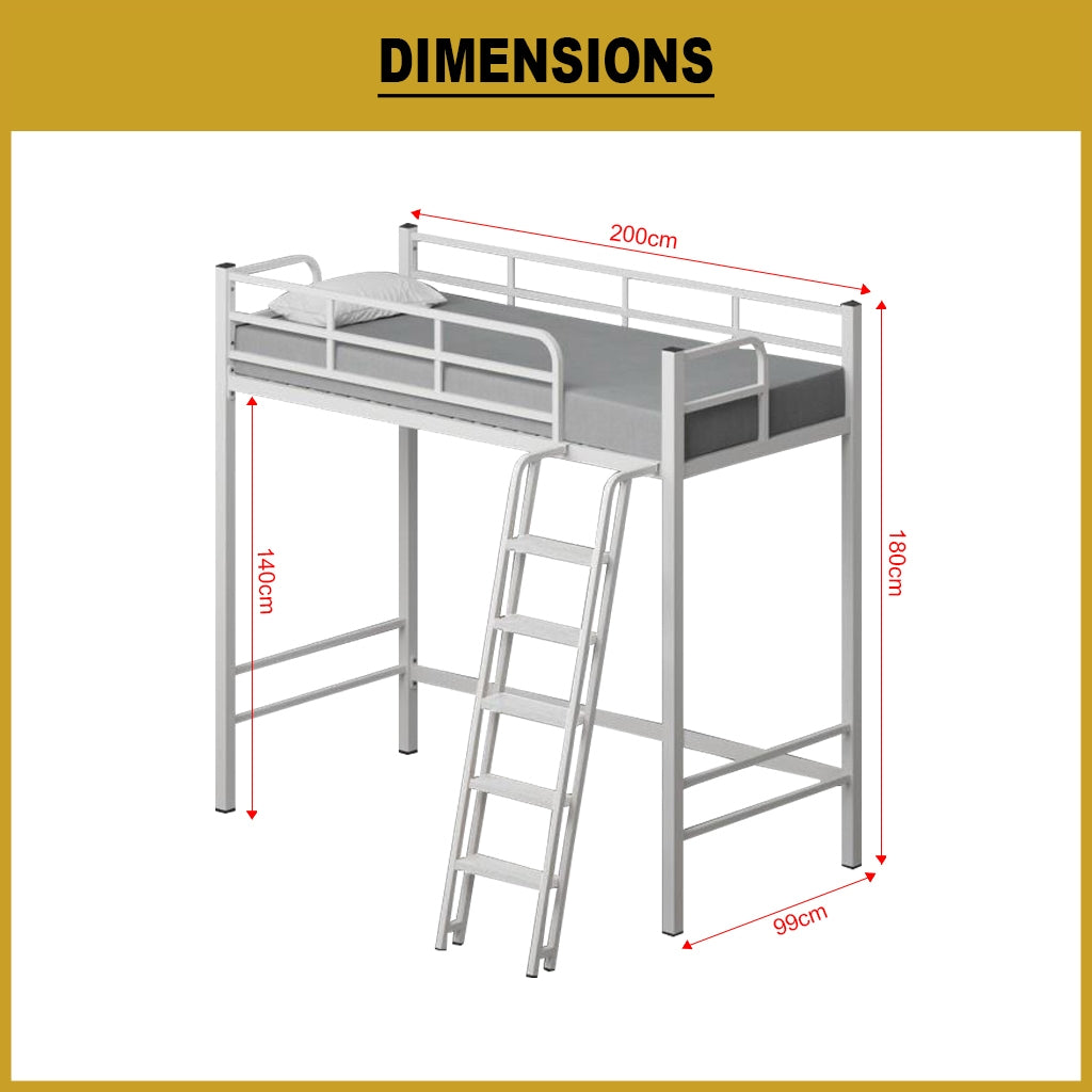 Laura Single Metal Bunk Bed Frame or Loft Bed Style in White Colour - with Mattress