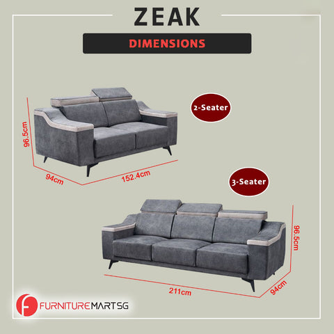Image of Zeak 2-Seater 3-Seater Sofa Adjustable High Back in Grey Fabric