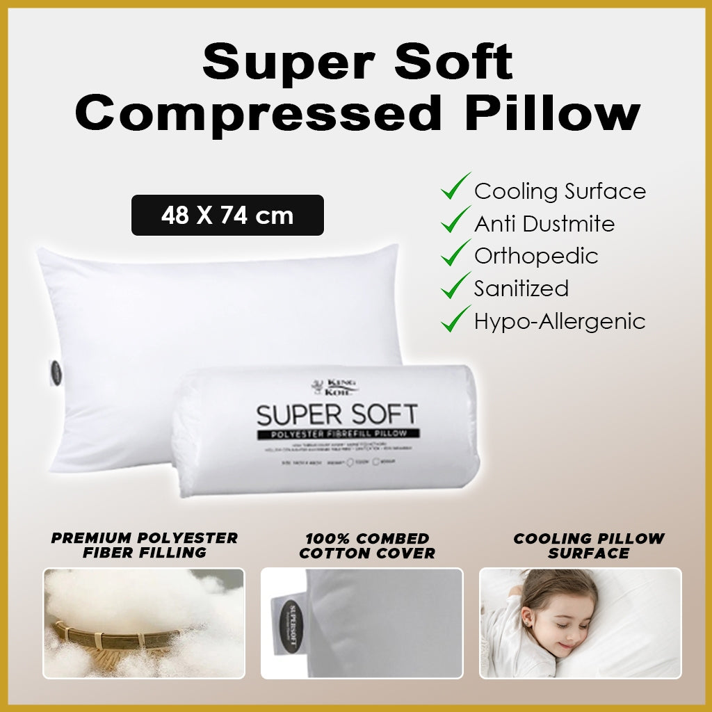 King Koil Hotel Grade Pillow Collection - Super Soft Compressed Pillow , 100% Combed Cotton Cover.