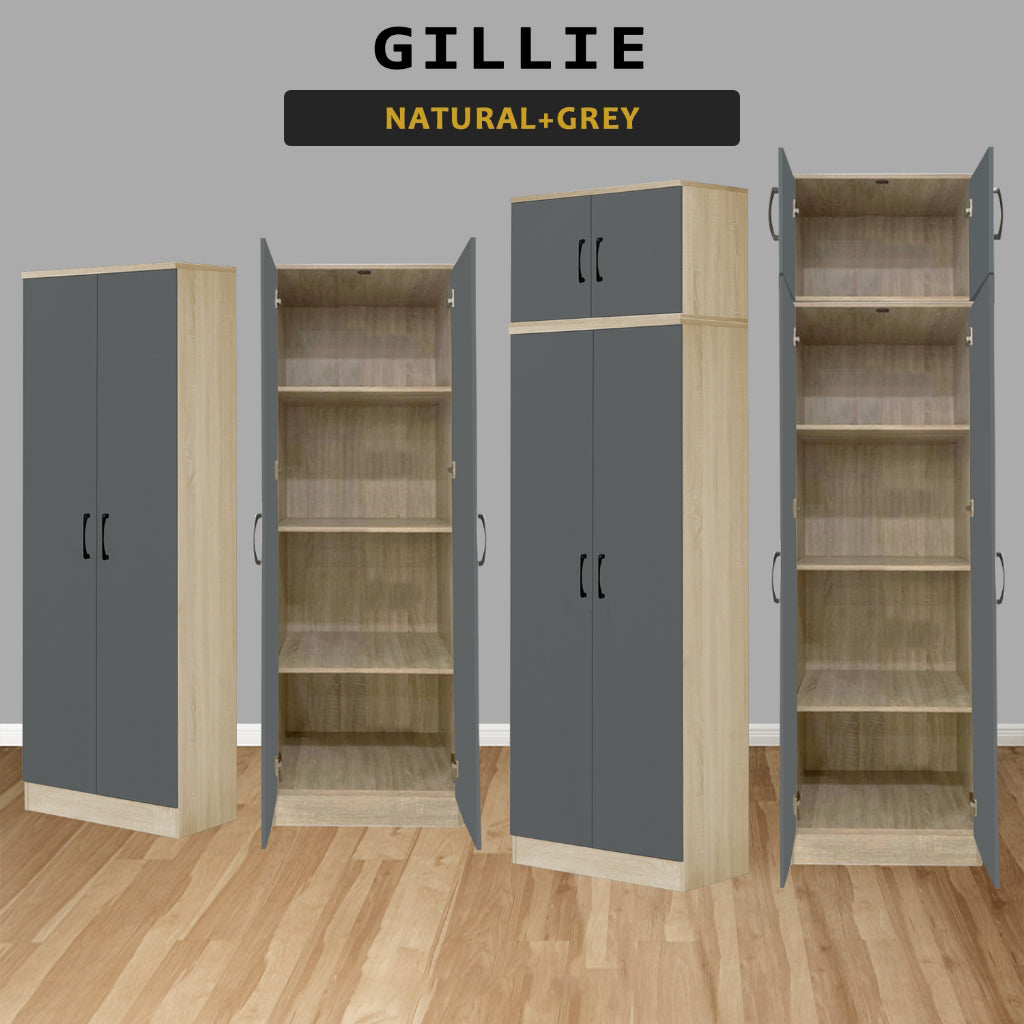 Gillie Series 2 Doors Tall Wardrobe with Top Cabinet Fully Laminated Back in 6 Colours