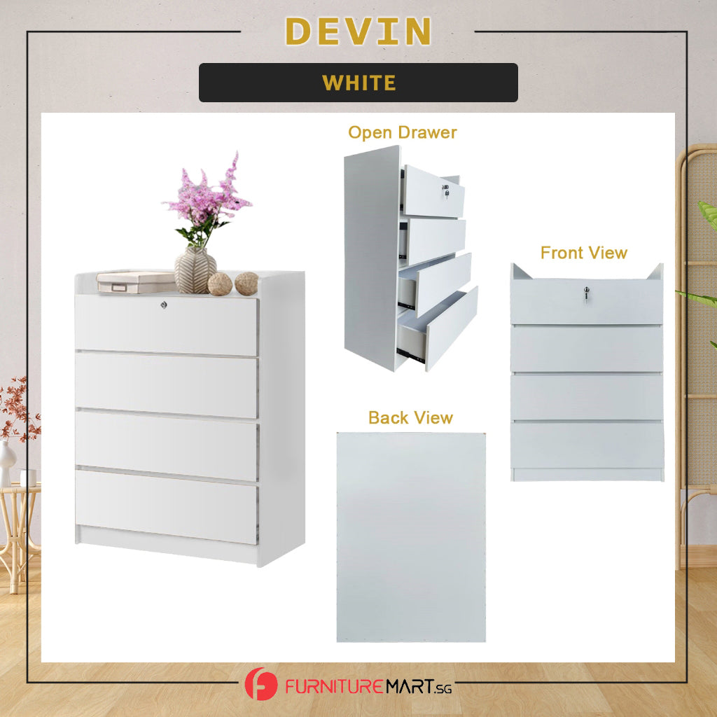 Devin Series Premium Chest of 4 Drawers Collection Full Laminated Back Panel in 6 Colours